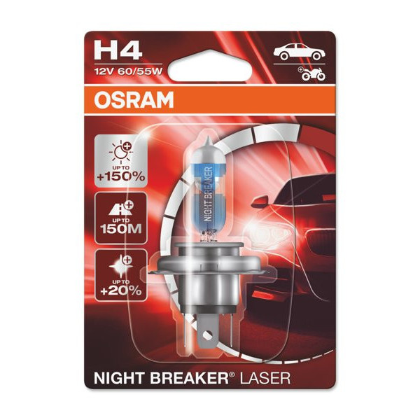 OSRAM automašīnas spuldze NIGHT BREAKER LASER +150% H4 60/55W 12V P43T, 1 gab.