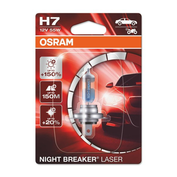 OSRAM automašīnas spuldze NIGHT BREAKER LASER +150% H7 55W 12V PX26D, 1 gab.