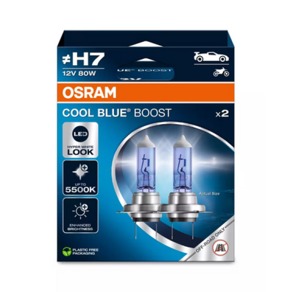 OSRAM Cool Blue Boost H7 PX26D, automašīnu spuldzes, 80W 12V, 2 gab.