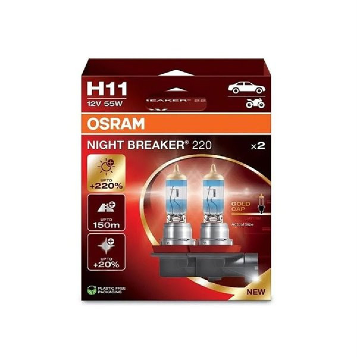 OSRAM automašīnu spuldzes NIGHT BREAKER +220% H11 55W 12V PGJ19-2, 2 gab.
