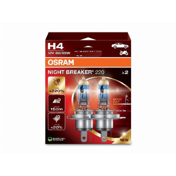 OSRAM automašīnu spuldzes NIGHT BREAKER +220% H4 60/55W 12V P43T, 2 gab.