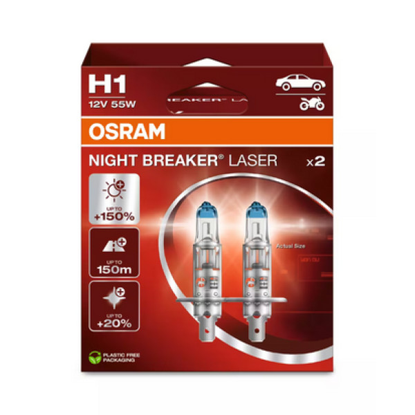 OSRAM Night Breaker Laser +150% H1 P14.5S, automašīnu spuldzes, 55W 12V, 2 gab.