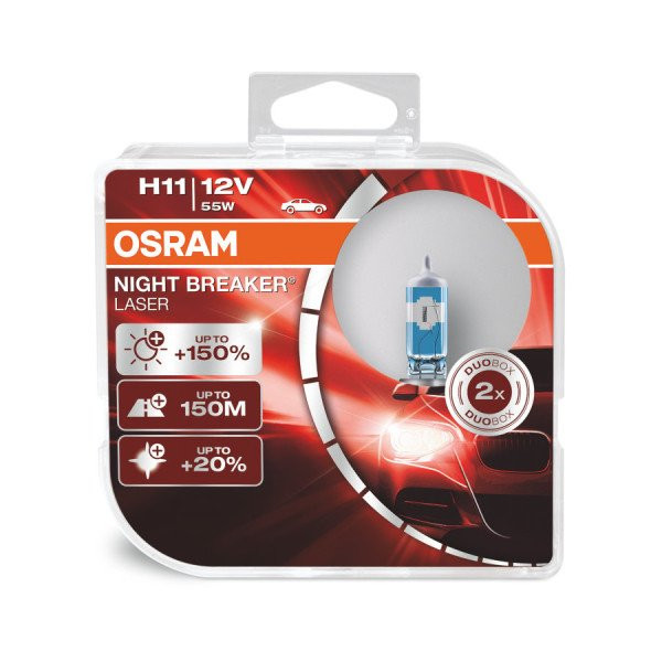 OSRAM automašīnu spuldzes NIGHT BREAKER LASER +150% H11 55W 12V PGJ19-2, 2 gab.