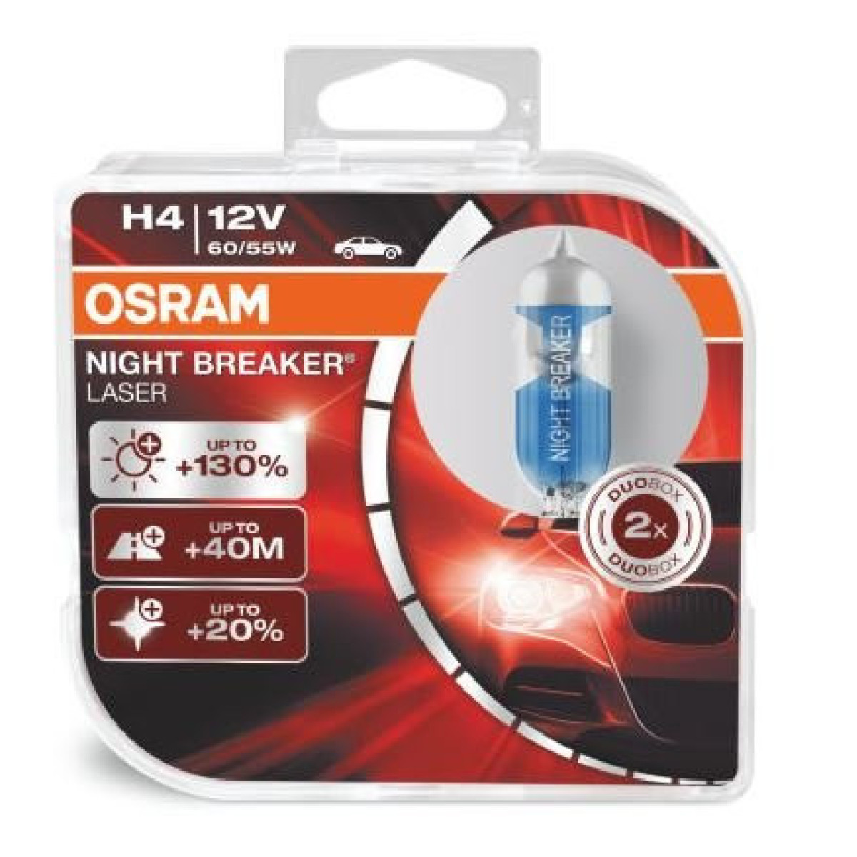 OSRAM automašīnu spuldzes Night Breaker Laser H4 60/55W 12V P43T, 2 gab.