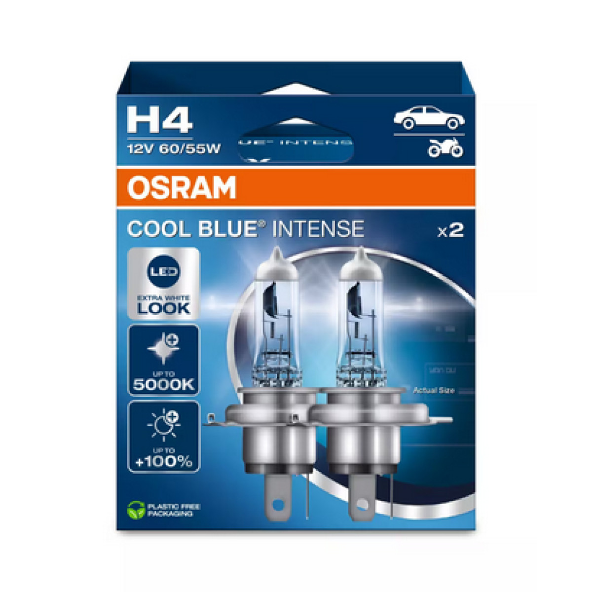 OSRAM automašīnu spuldzes COOL BLUE INTENSE H4 NEXT GEN 5000K 60/55W 12V P43T, 2 gab.