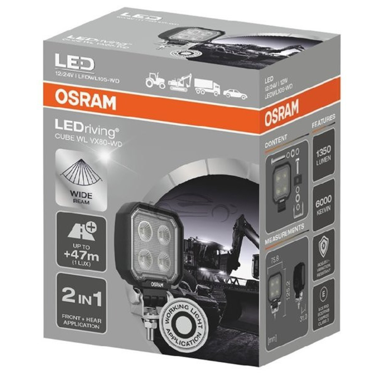 Osram LEDriving® kubveida gaismeklis, WL VX80-WD 12/24V 12W 47m, tāls stars, 1350lm
