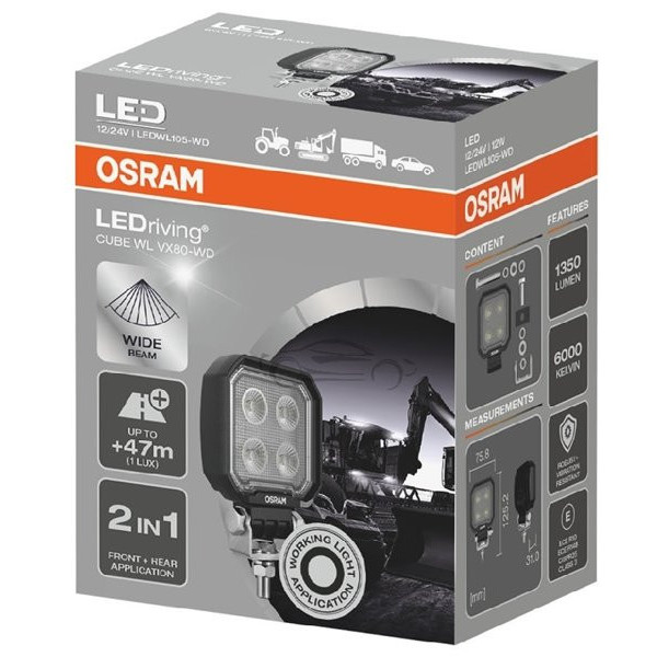 Osram LEDriving® kubveida gaismeklis, WL VX80-WD 12/24V 12W 47m, tāls stars, 1350lm