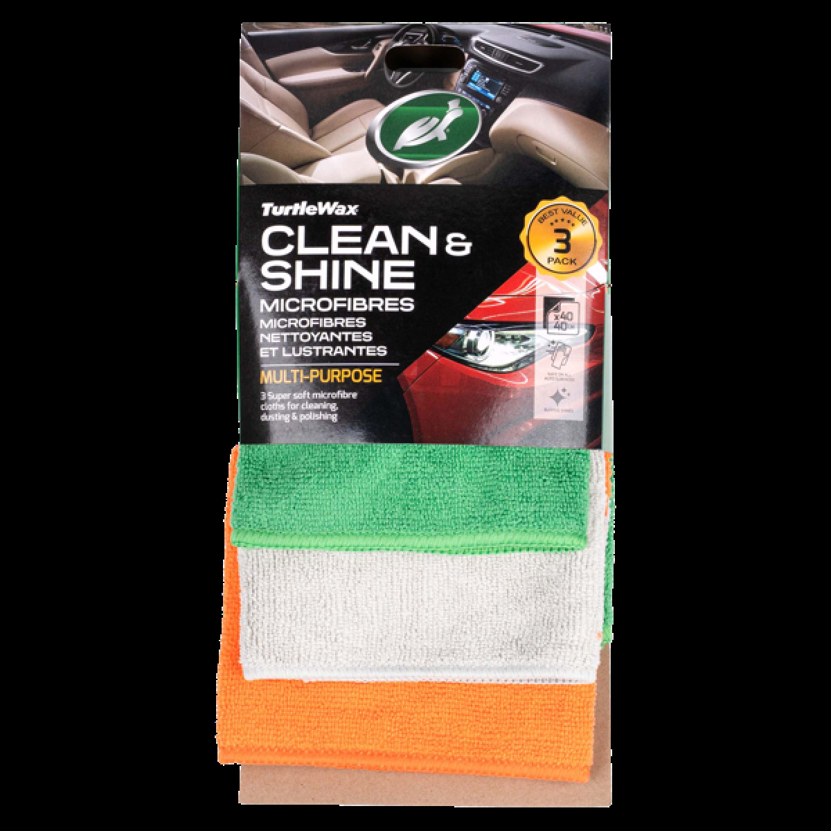 TURTLE WAX Universālas mikrošķiedras lupatiņas "Clean and Shine", 3 gab., 40 x 40 cm