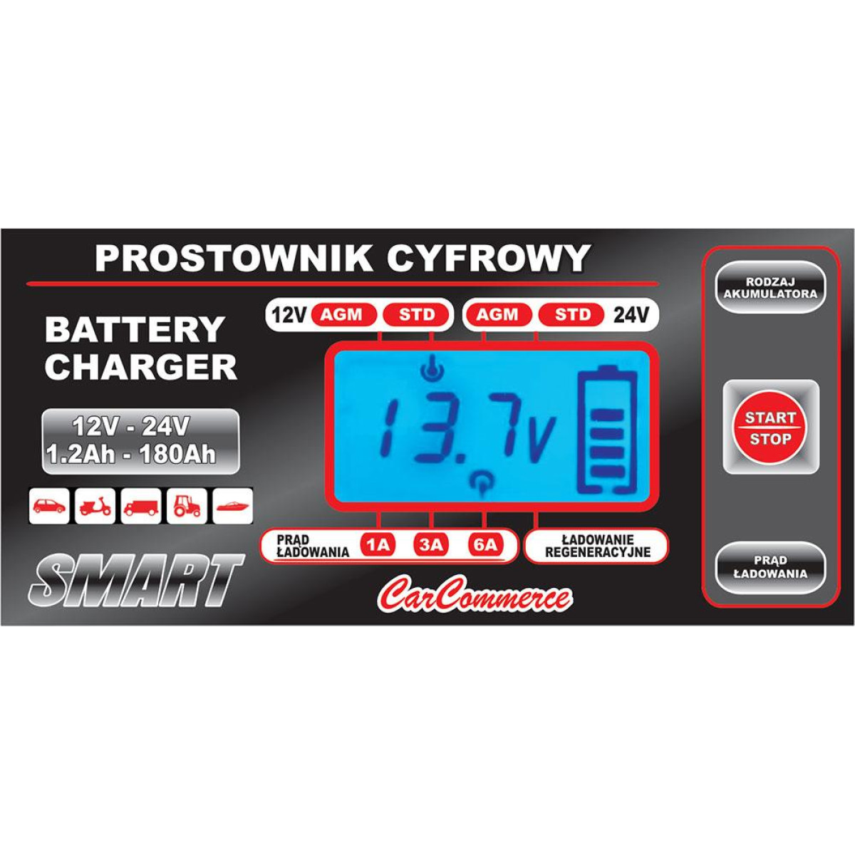 Automātiskais digitālais akumulatora lādētājs SMART NC-SC6E 12V-24V 1A/3A/6A 42909 Automātiskais digitālais akumulatora lādētājs SMART NC-SC6E 12V-24V 1A/3A/6A 42909