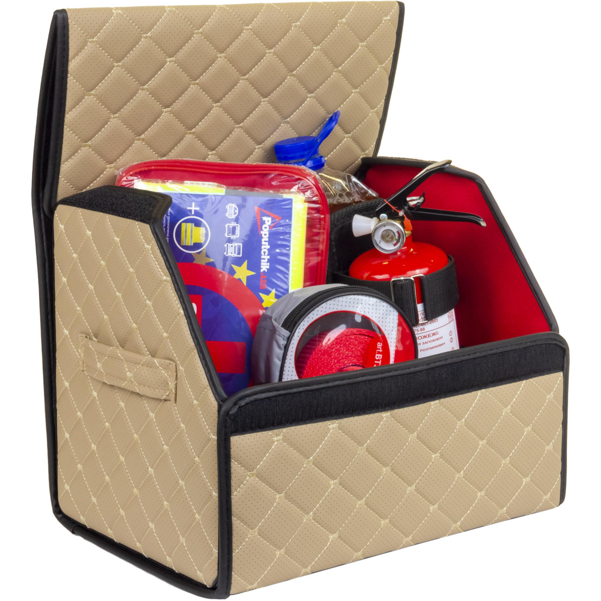 EVAtech Bagāžas nodalījuma organizators ECO S 30x30x35 cm - smilšu / melnas malas / smilšu šuvums / sarkans iekšpuse