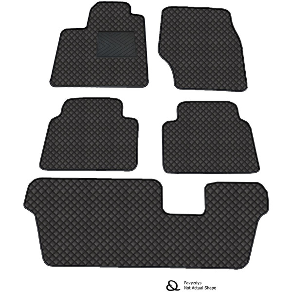 Eko ādas paklājiņi QuiltyMats VOLKSWAGEN TOURAN 2003-2015g. (7v., I, II un III eilės) (Melna / melnas šuves)