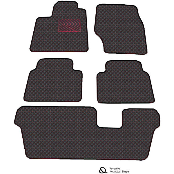 Eko ādas paklājiņi QuiltyMats VOLKSWAGEN TOURAN 2003-2015g. (7v., I, II un III eilės) (Melna / sarkanas šuves)