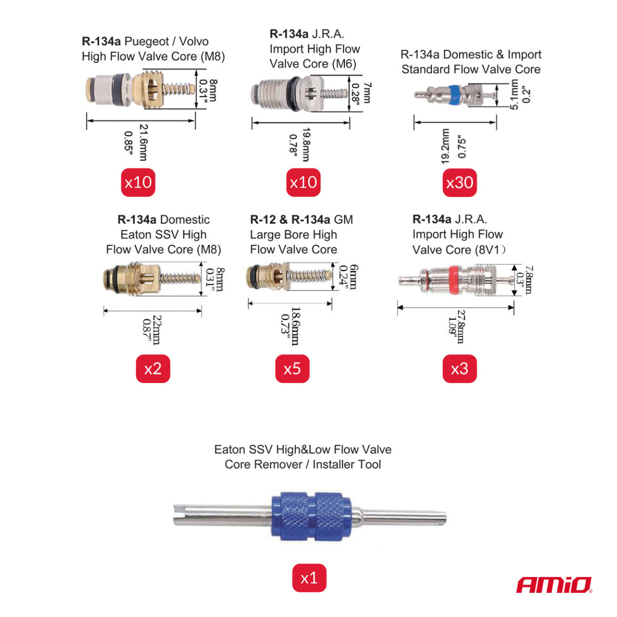 Gaisa kondicionēšanas sistēmas vārstu komplekts, 61 gab. AMIO-04446