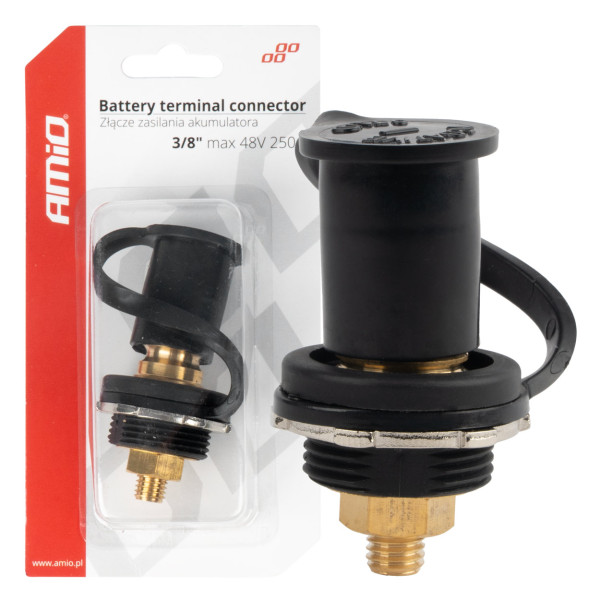 Melns negatīvais akumulatora barošanas savienotājs ar vāciņu 3/8 M10 12/24/48V 250A, AMIO-03813