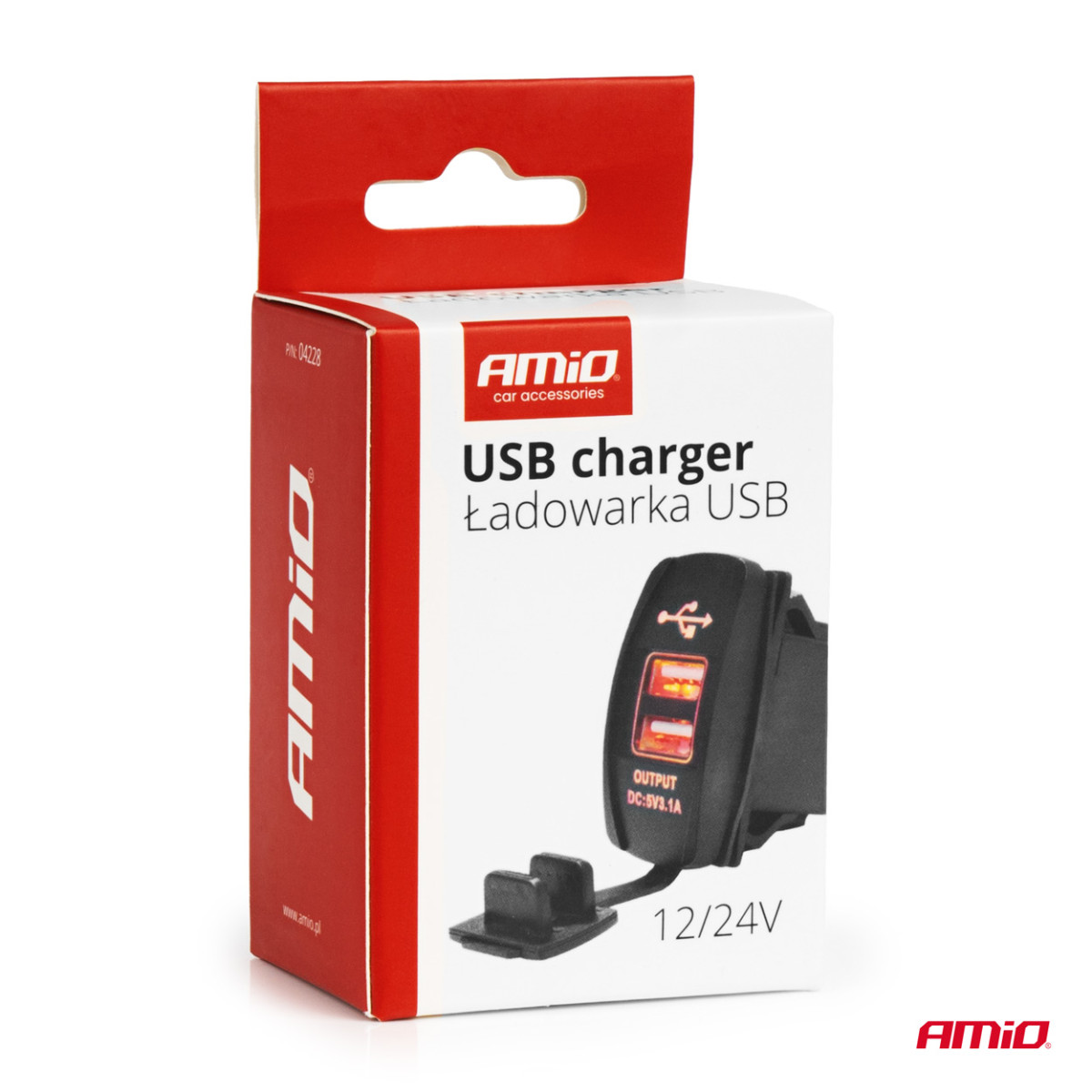 Ūdensizturīgs telefona lādētājs ar sarkanu LED apgaismojumu, 2xUSB 12/24V AMIO-04228