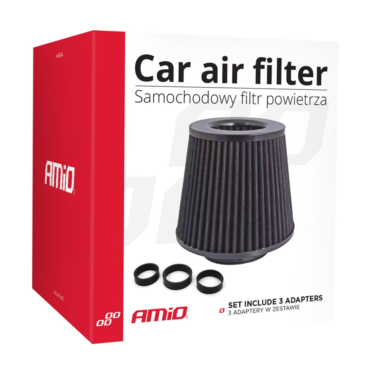 Car Air Conical Filter black, universal, 3 mouting adapters AMIO-02546
