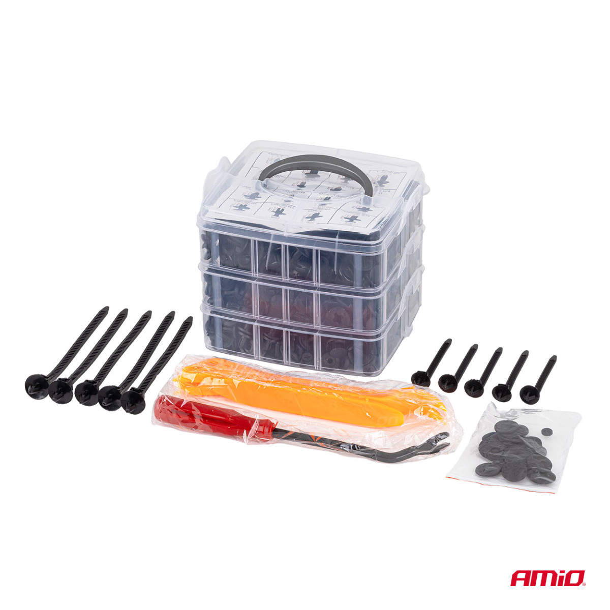 Automašīnas āķu un polsterējuma turētāju komplekts ar izvilkšanas instrumentu, 650 gab., AMIO-04433