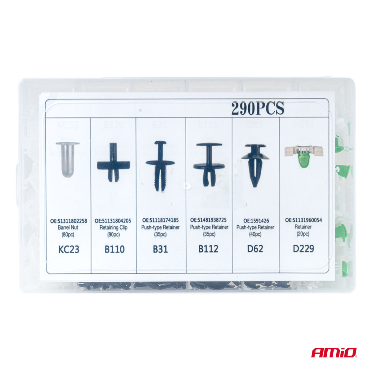 Automobiļu stiprinājuma tapu un klipšu komplekts, 290 gab. AMIO-04742