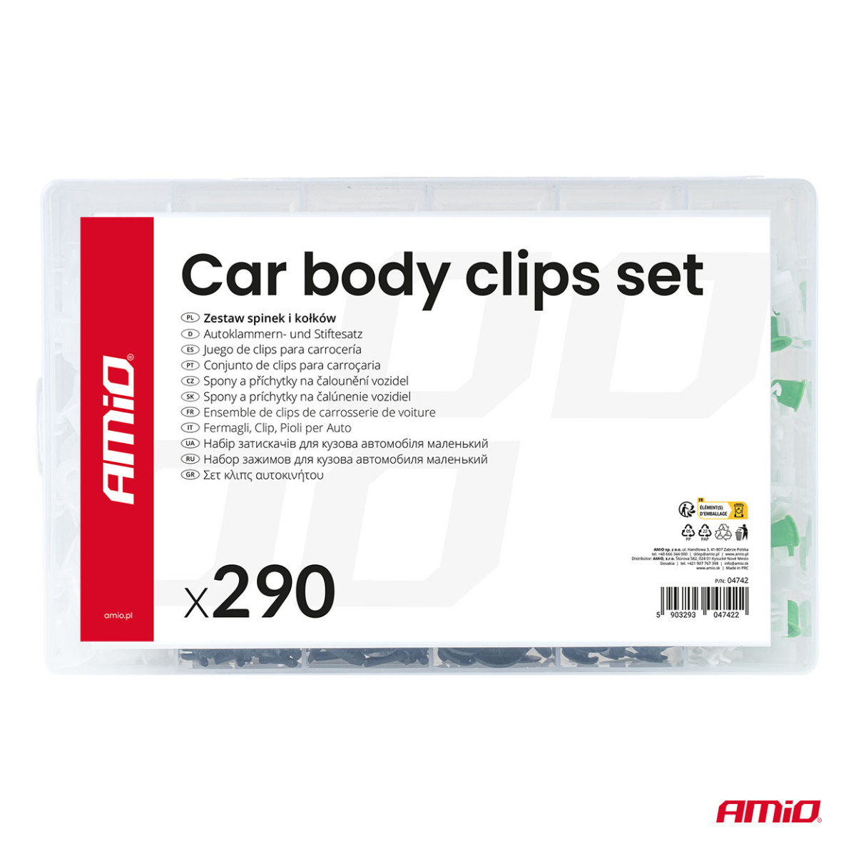 Automobiļu stiprinājuma tapu un klipšu komplekts, 290 gab. AMIO-04742