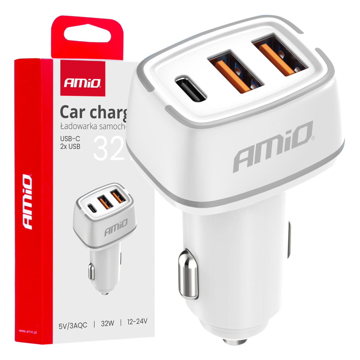 Automašīnas lādētājs 2x USB-A + USB-C 32W 12/24V AMiO-03890