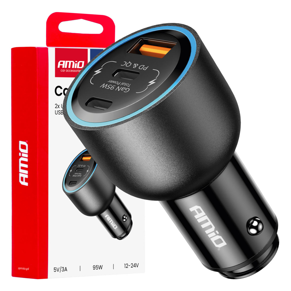 Automašīnas lādētājs 2x USB-C + USB-A 12/24V 95W AMIO-04372