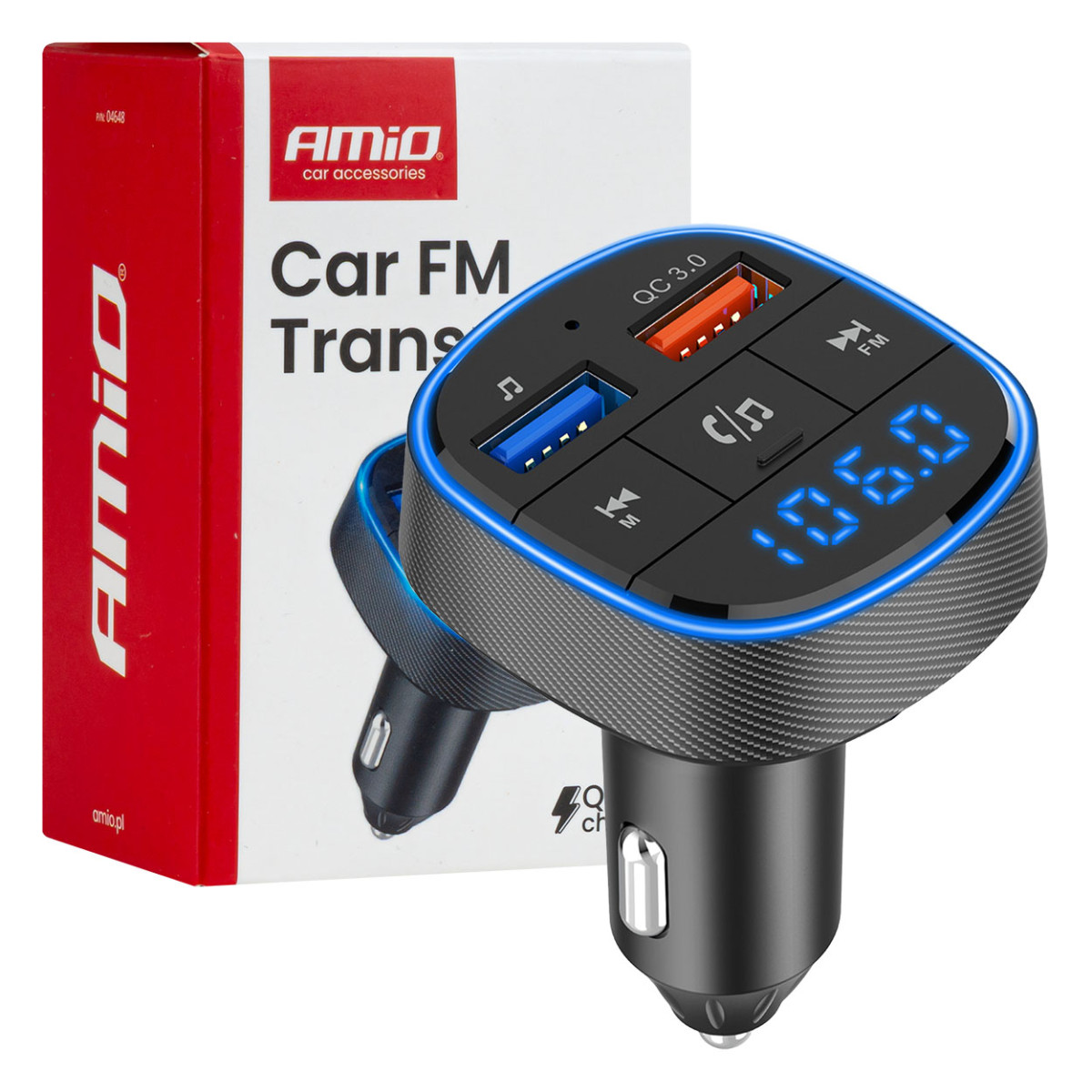 Automašīnas FM raidītājs, 2×USB-A 12V 24V AMIO-04648