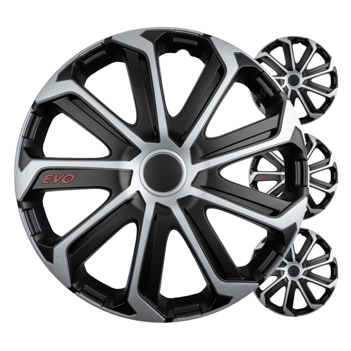 Riteņu dekoratīvie diski 4 gab. EVO, melni un sudrabkrāsas 16"