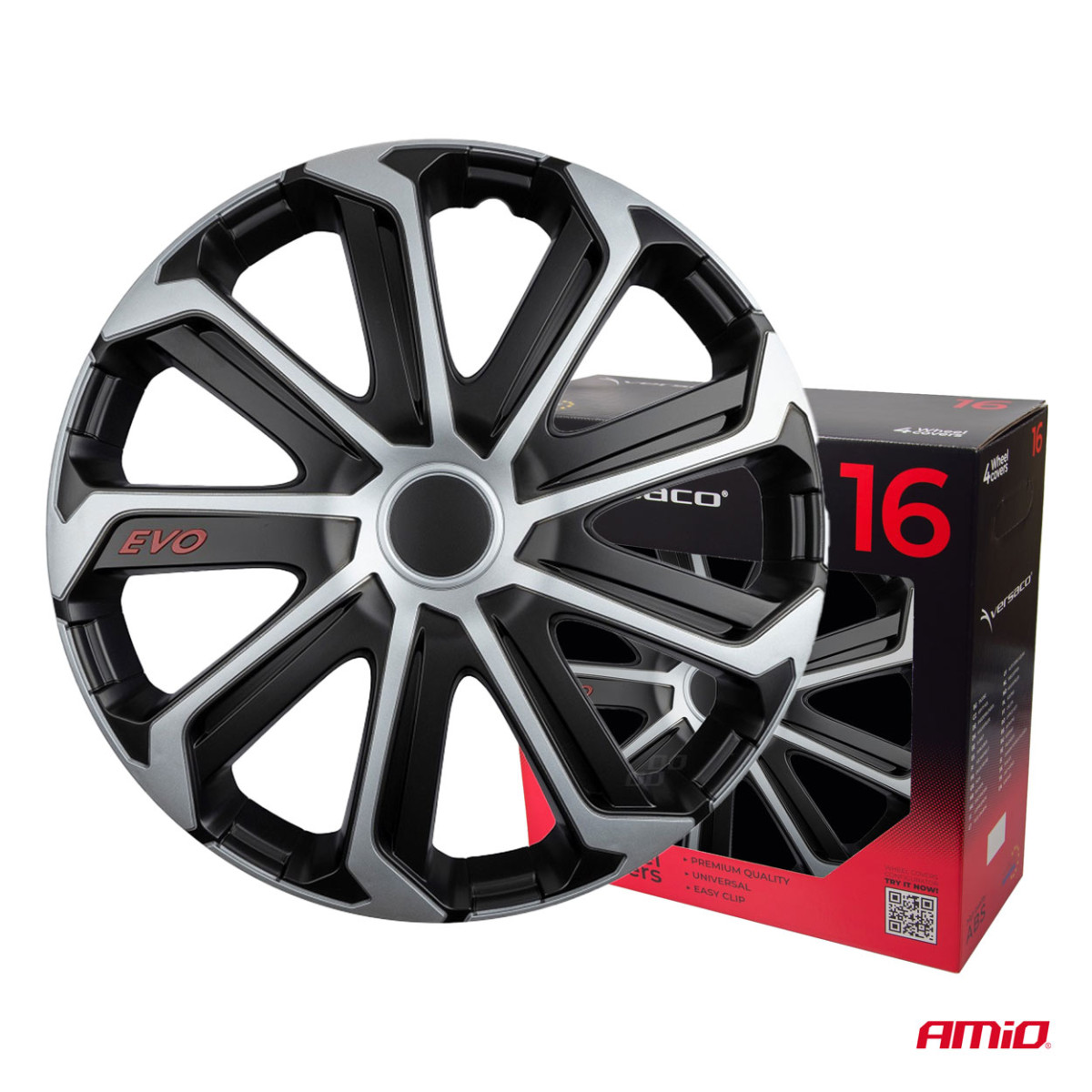 Riteņu dekoratīvie diski 4 gab. EVO, melni un sudrabkrāsas 16"