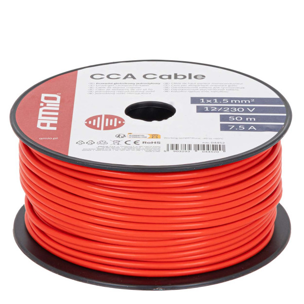 Viendzīslu CCA kabelis, sarkans, 1x1,5 mm² 50 m 7,5 A 12/230 V AMIO-04452