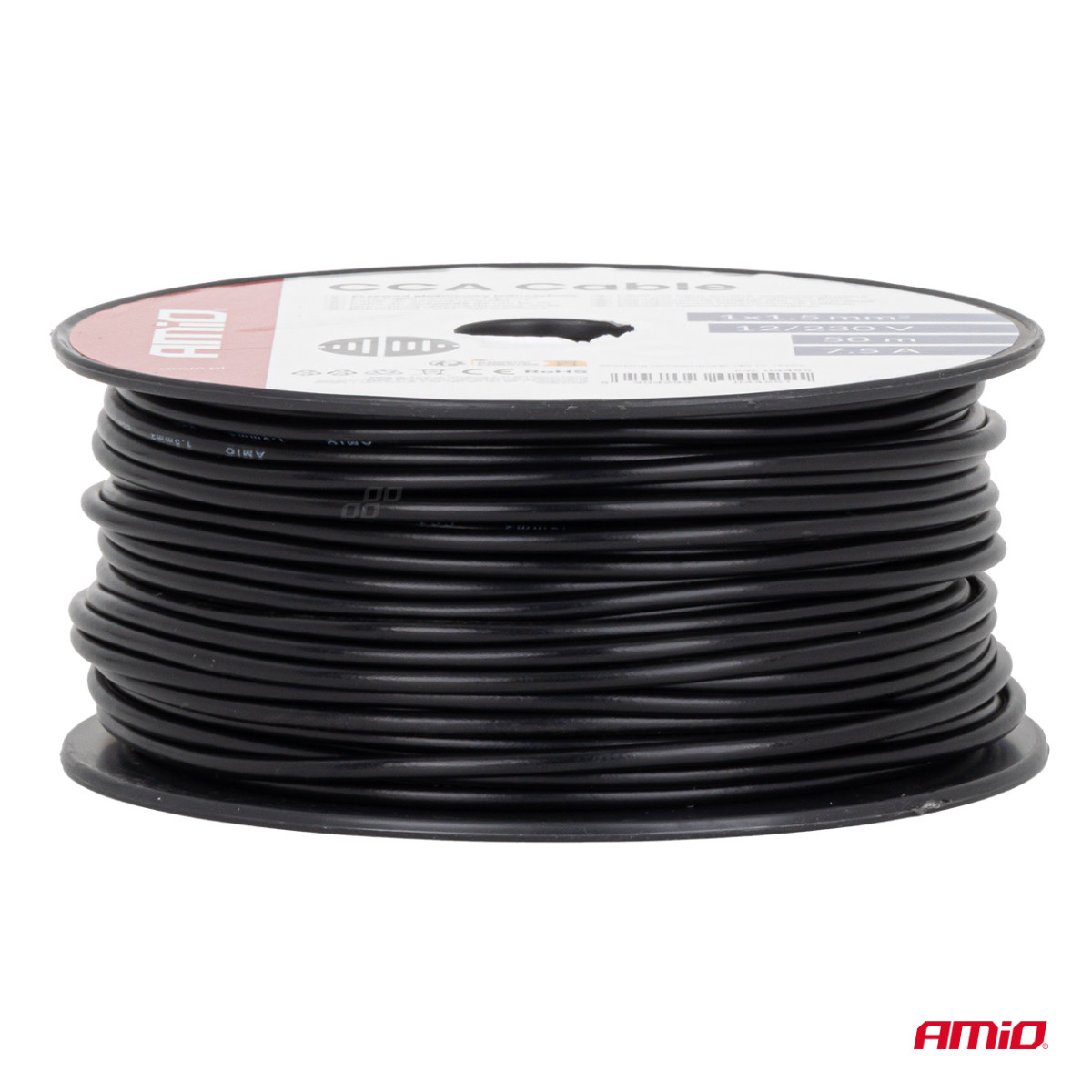 Viendzīslu CCA kabelis, melns, 1x1,5 mm² 50 m 7,5 A 12/230 V AMIO-04455
