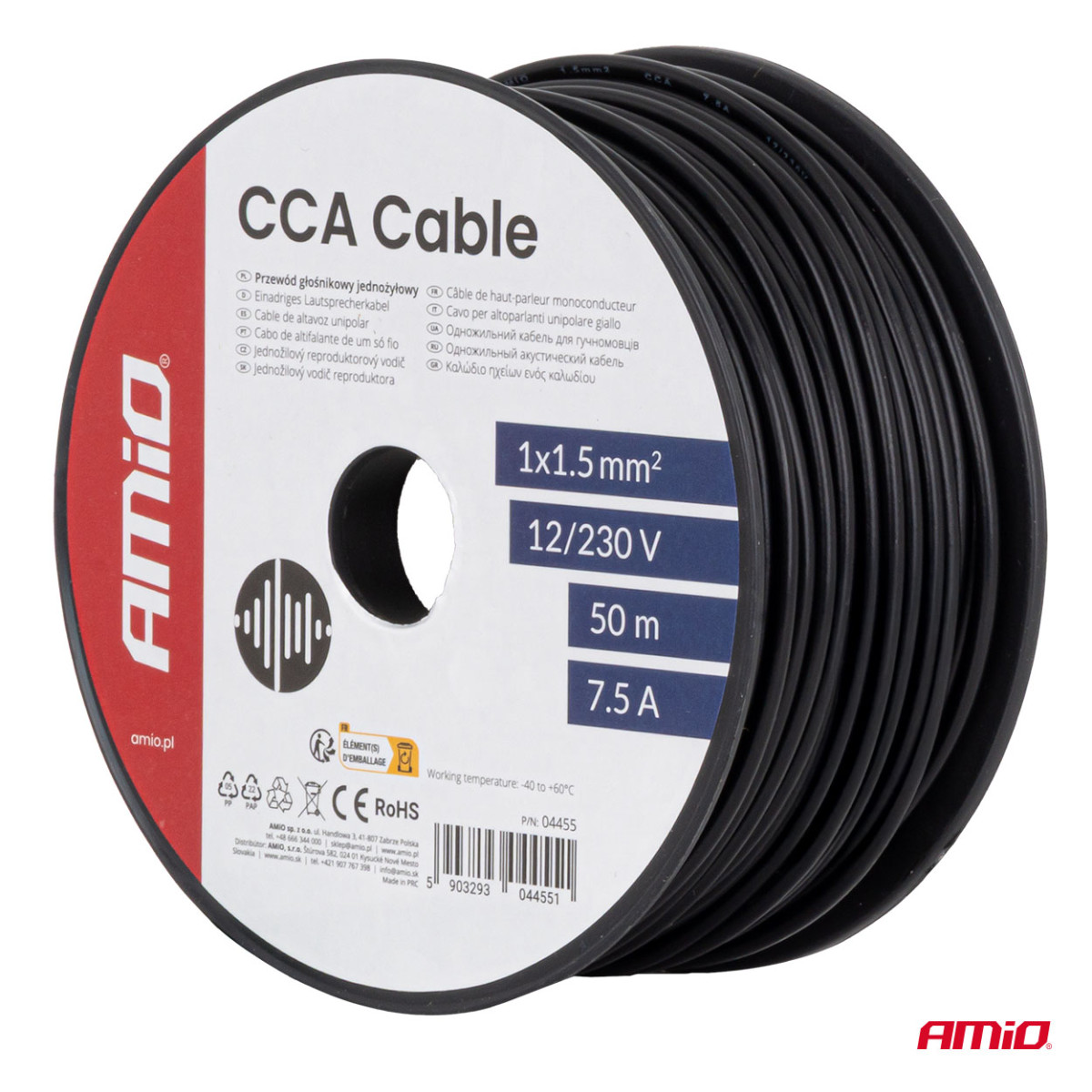 Viendzīslu CCA kabelis, melns, 1x1,5 mm² 50 m 7,5 A 12/230 V AMIO-04455