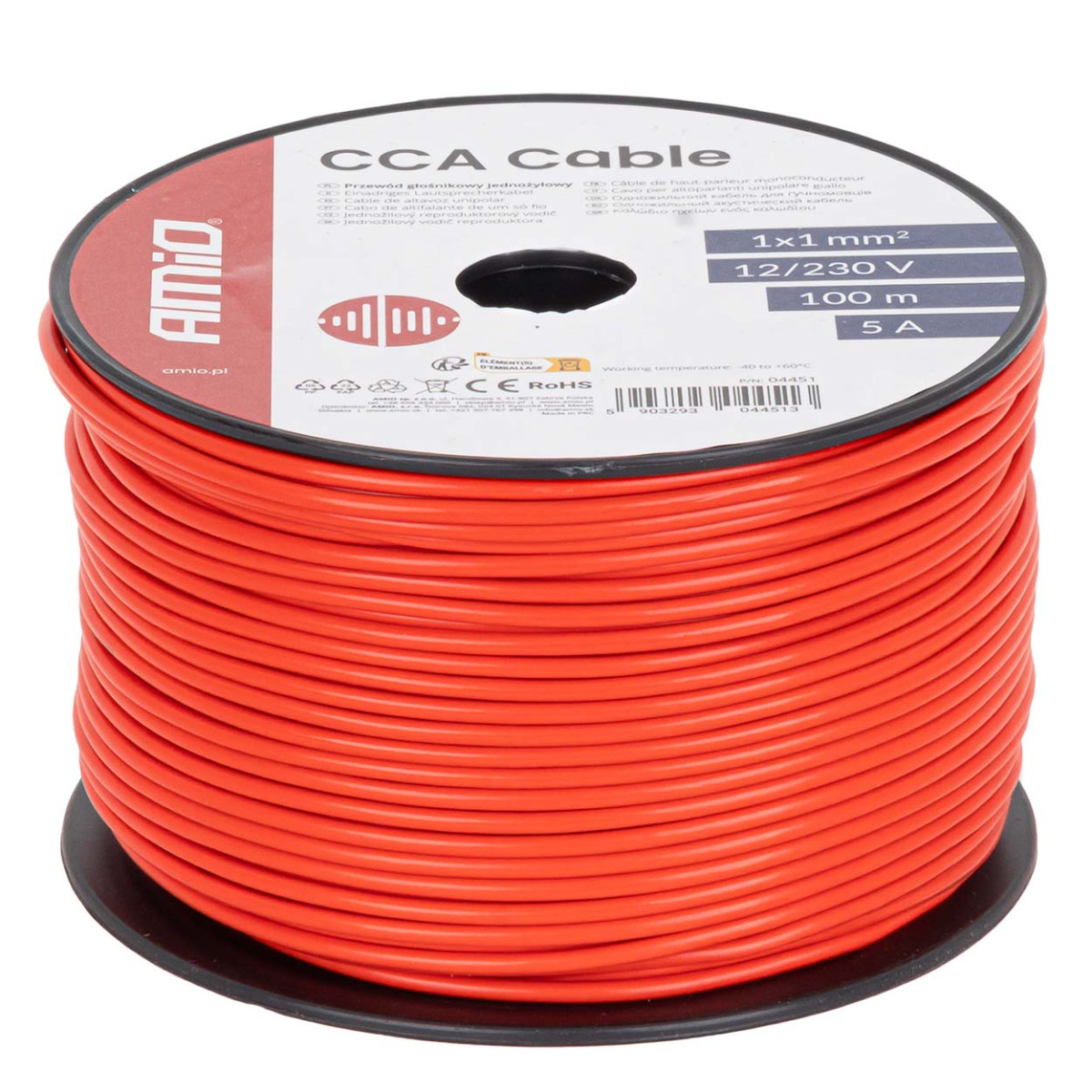 Viendzīslu CCA kabelis, sarkans, 1x1mm² 100m 5A 12/230V AMIO-04451