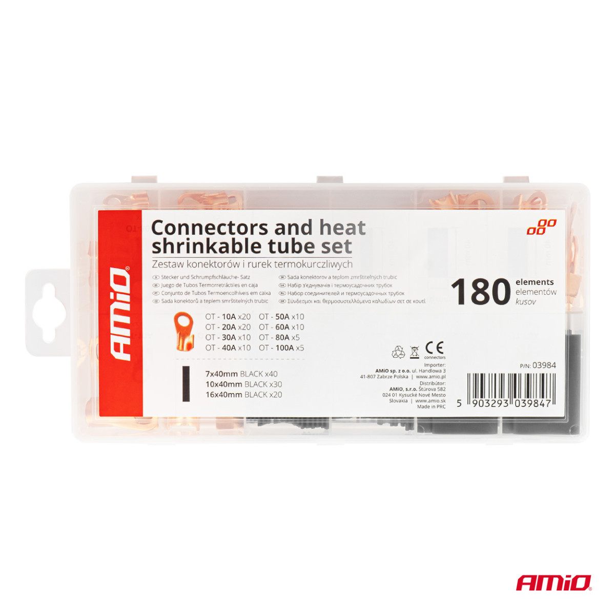 Vara gredzenveida savienotāju un termosarūkošo uzmavu komplekts, 180 gab., AMIO-03984