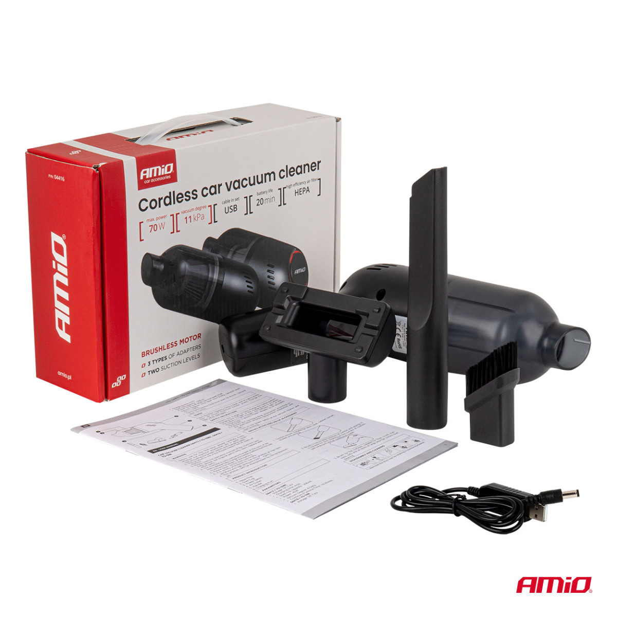 Bezvadu automašīnas putekļsūcējs 70 W, 11 kPa, USB-C, ar HEPA filtru, VC-08 AMIO-04416