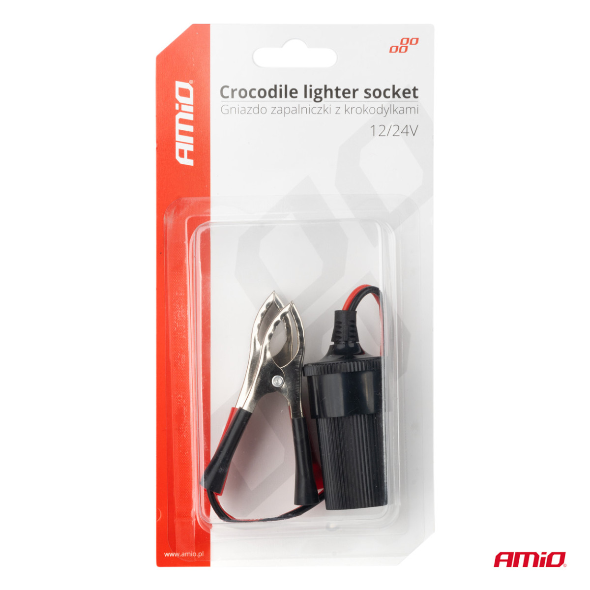 Cigarešu šķiltavas adapteris 12V/24V, krokodila tipa, 15 cm AMIO-03803