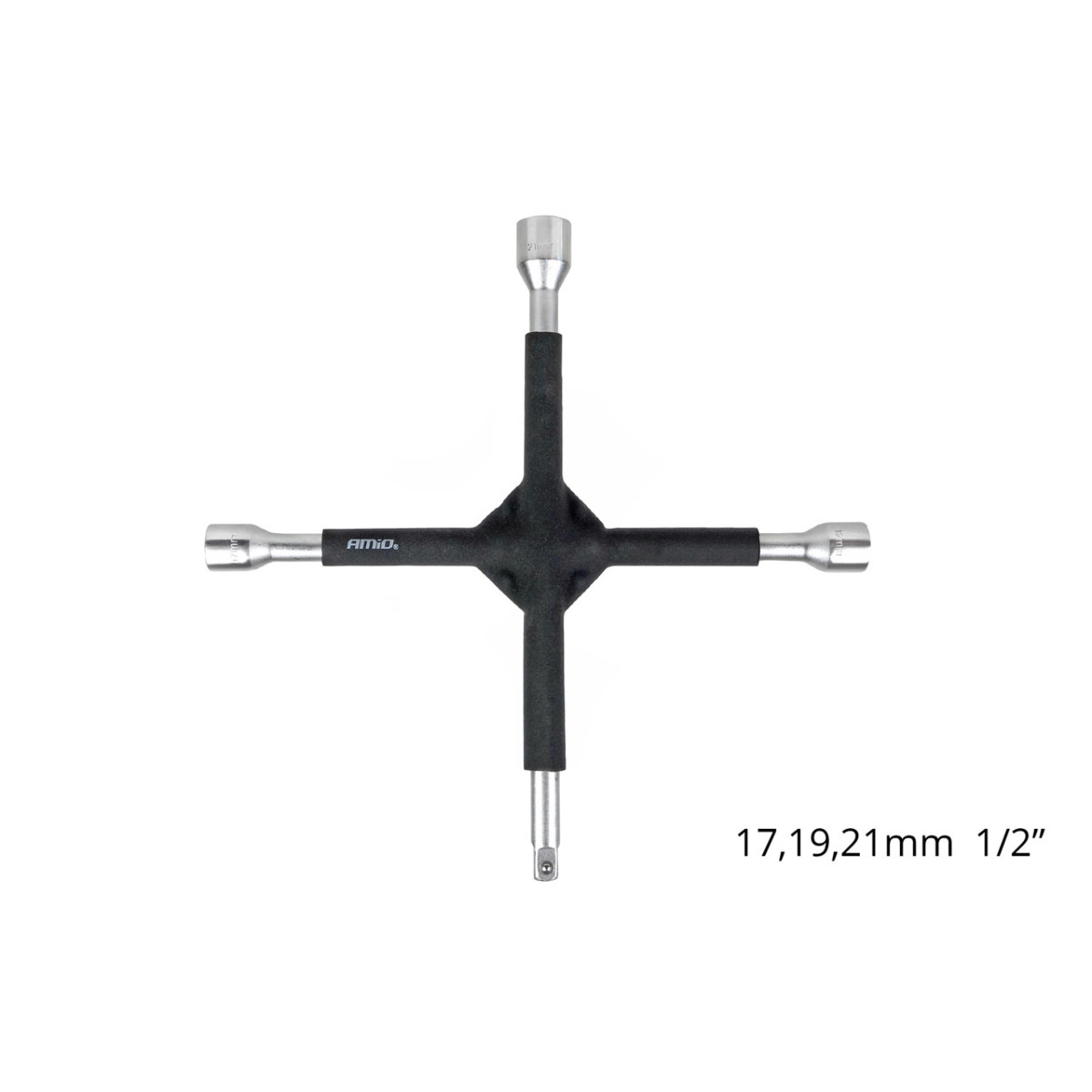 Krustveida riteņu atslēga 17–19–21 mm, 1/2", gumijota, AMIO-02402