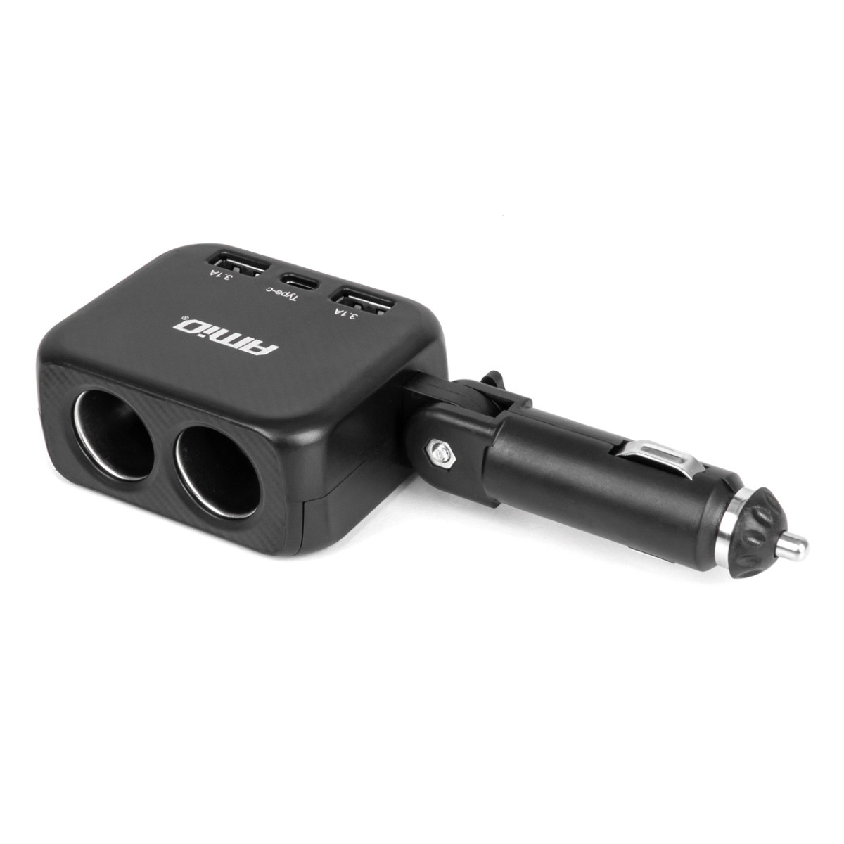 Divu ligzdu cigarešu šķiltavas pagarinātājs ar lādētāju 2×USB-A + USB-C 12/24V 100W 180° AMIO-04357