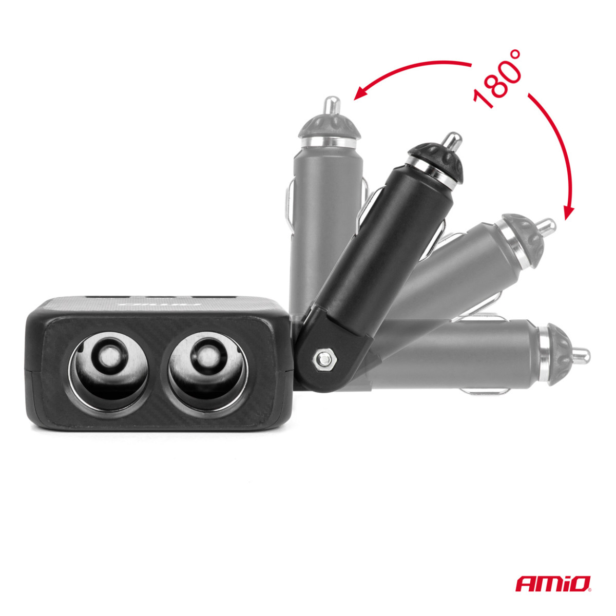 Divu ligzdu cigarešu šķiltavas pagarinātājs ar lādētāju 2×USB-A + USB-C 12/24V 100W 180° AMIO-04357