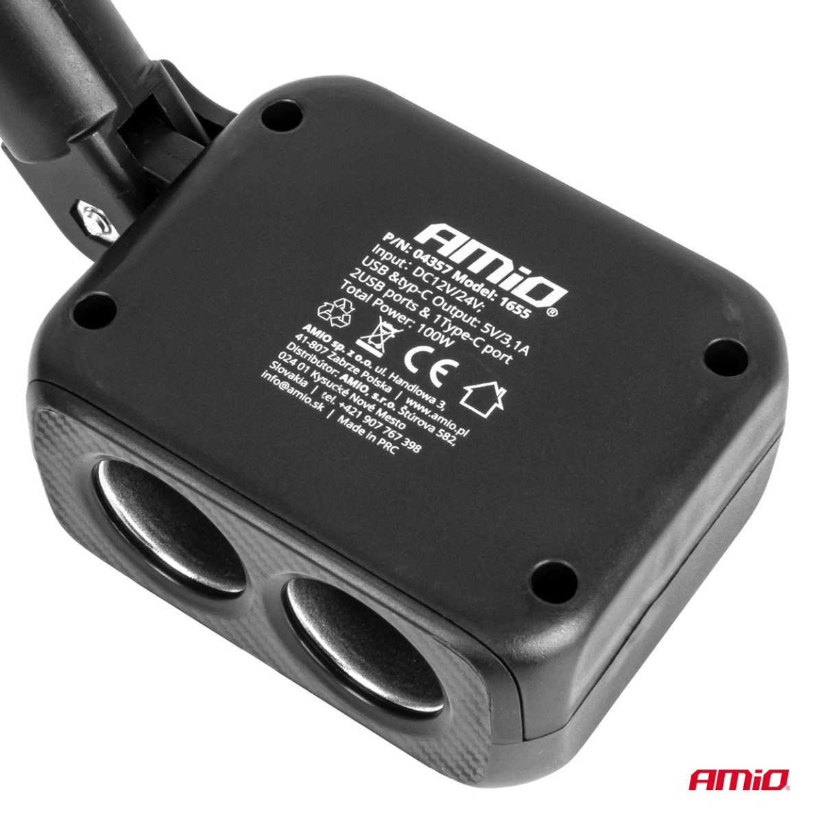 Divu ligzdu cigarešu šķiltavas pagarinātājs ar lādētāju 2×USB-A + USB-C 12/24V 100W 180° AMIO-04357