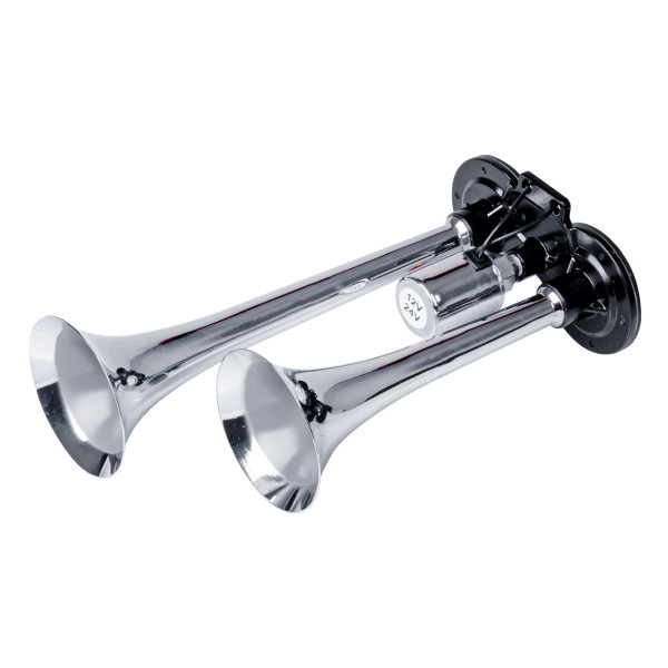 Dubultais taures signāls – 150 dB, hromēts, 12–24 V, AMIO-03617