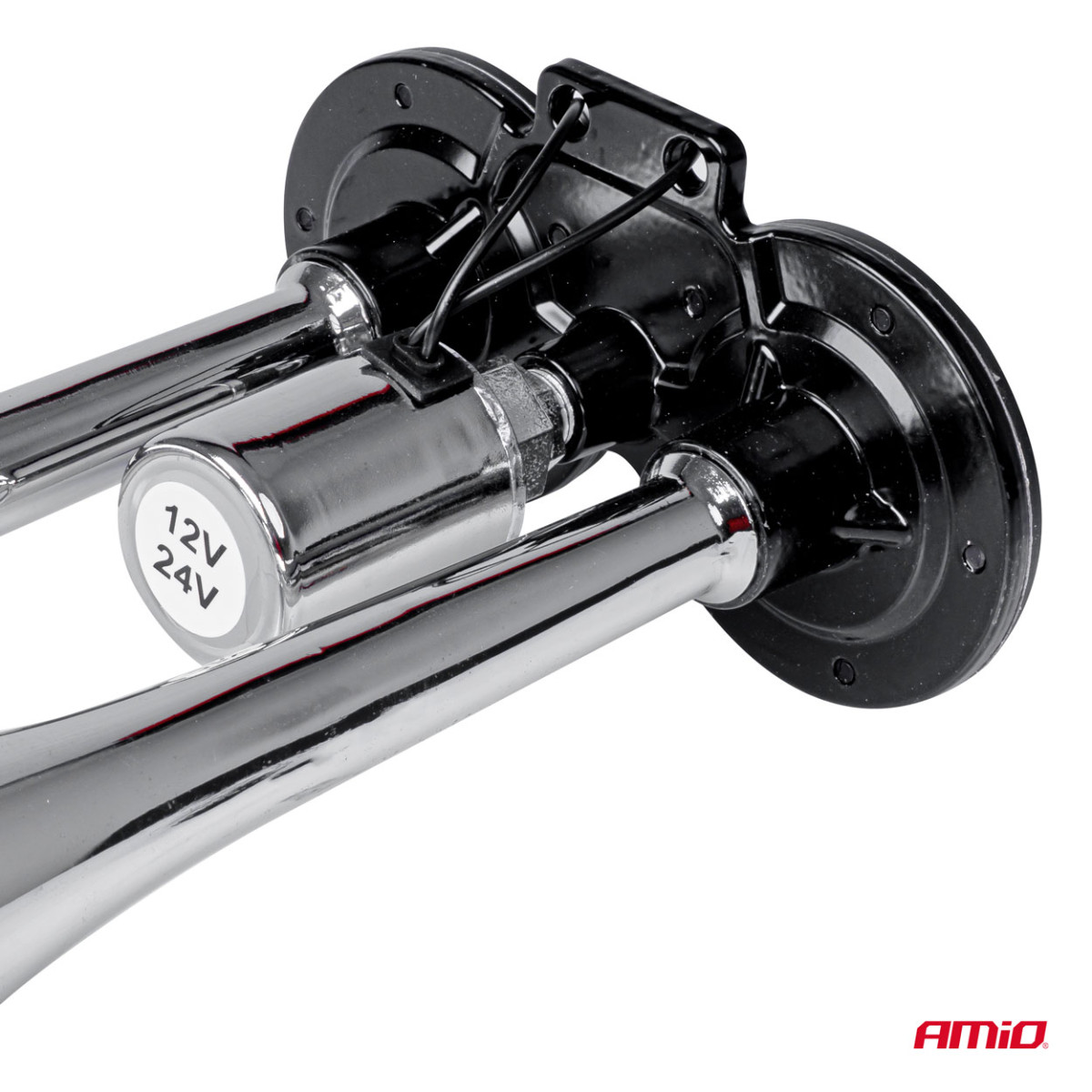 Dubultais taures signāls – 150 dB, hromēts, 12–24 V, AMIO-03617