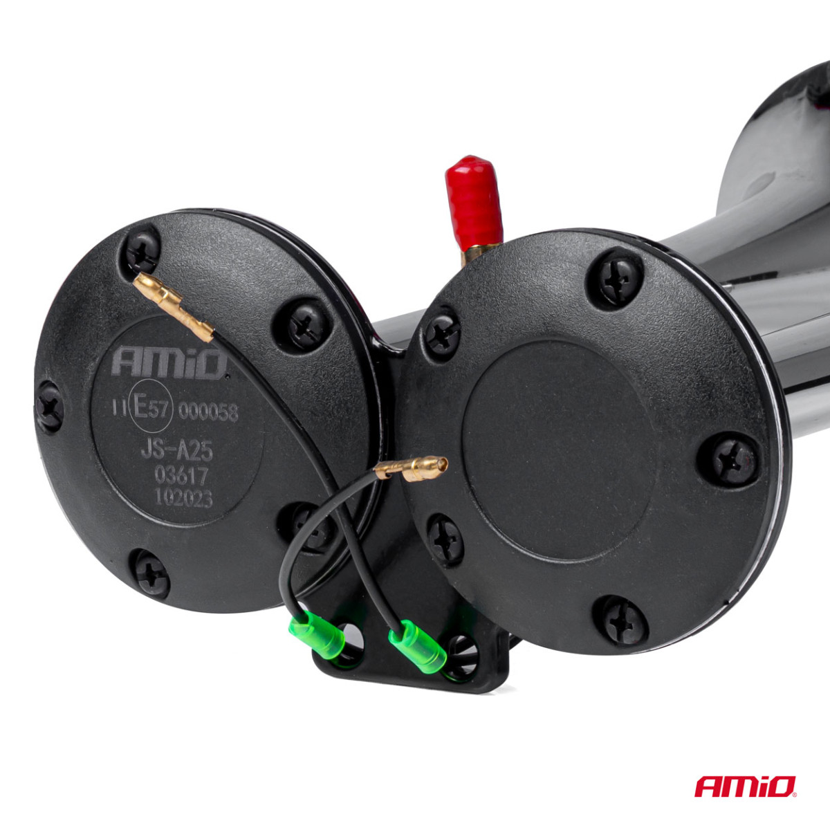 Dubultais taures signāls – 150 dB, hromēts, 12–24 V, AMIO-03617