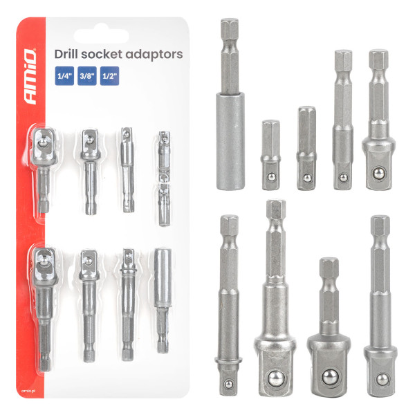 Uzgaļu adapteru komplekts skrūvgriezim, 1/4" HEX, 1/4" / 3/8" / 1/2", 9 gab., AMIO-04931 Uzgaļu adapteru komplekts skrūvgriezim, 1/4" HEX, 1/4" / 3/8" / 1/2", 9 gab., AMIO-04931
