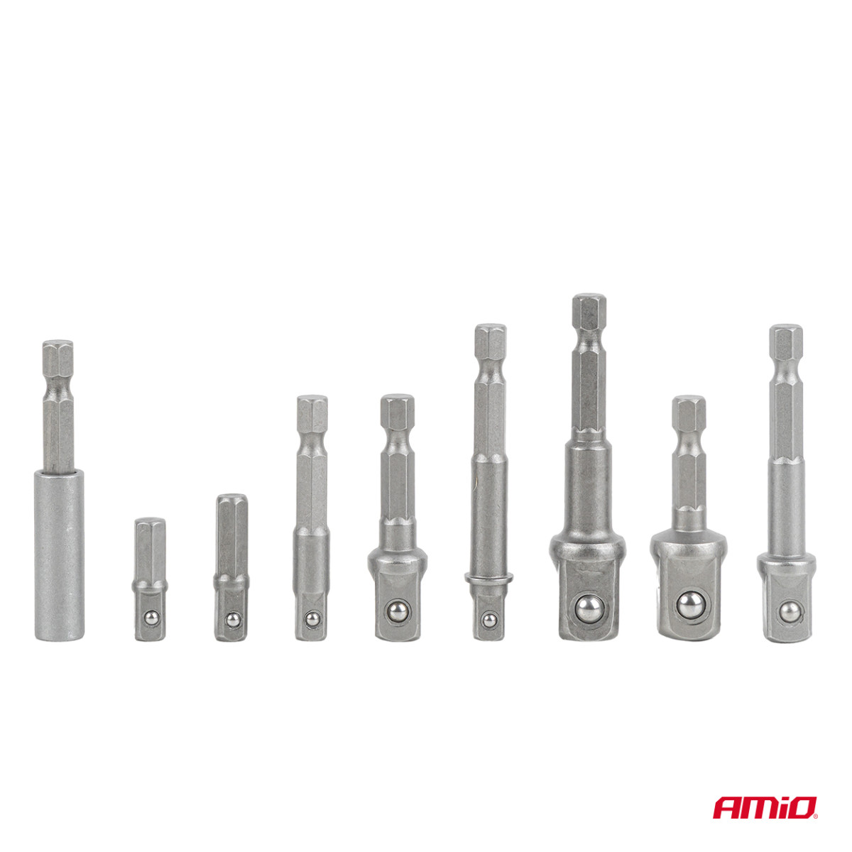 Uzgaļu adapteru komplekts skrūvgriezim, 1/4" HEX, 1/4" / 3/8" / 1/2", 9 gab., AMIO-04931