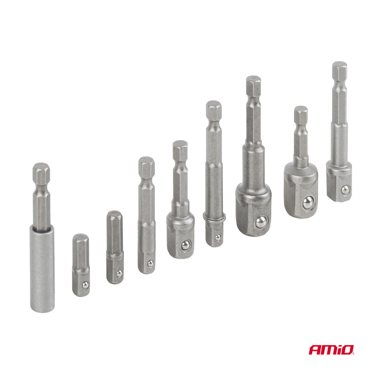 Uzgaļu adapteru komplekts skrūvgriezim, 1/4" HEX, 1/4" / 3/8" / 1/2", 9 gab., AMIO-04931