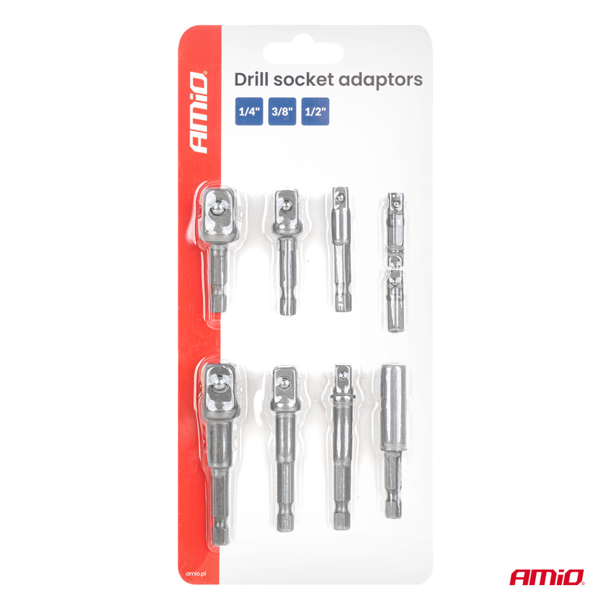 Uzgaļu adapteru komplekts skrūvgriezim, 1/4" HEX, 1/4" / 3/8" / 1/2", 9 gab., AMIO-04931