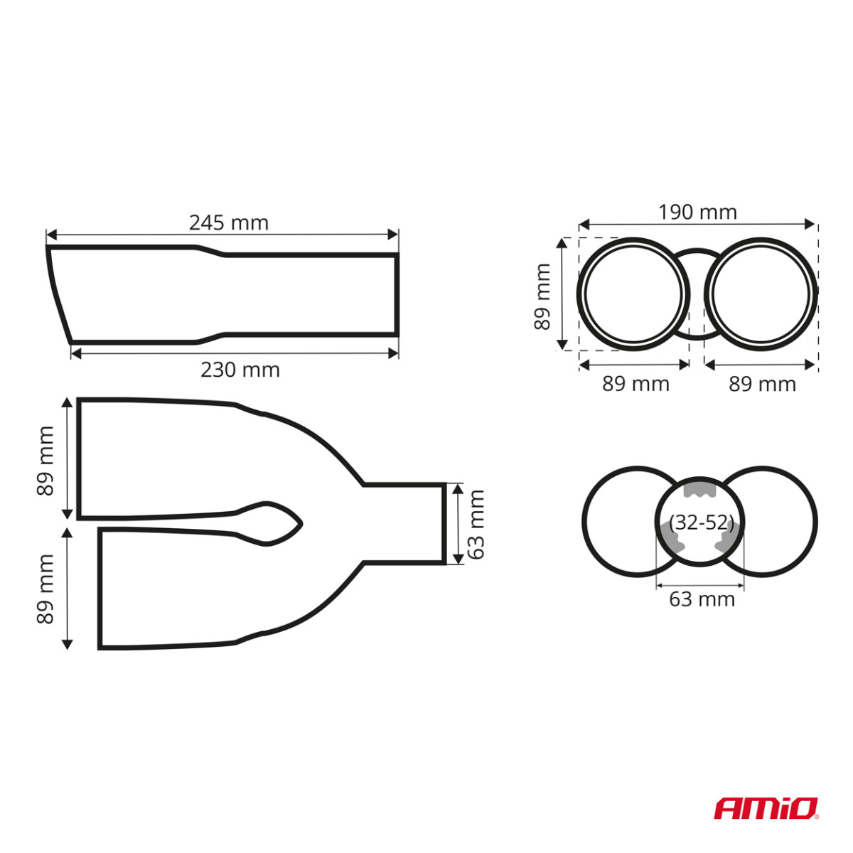 Izpūtēja uzgalis 32–52 mm, nerūsējošais tērauds, oglekļa šķiedras, dubults, labais, AMiO‑04070