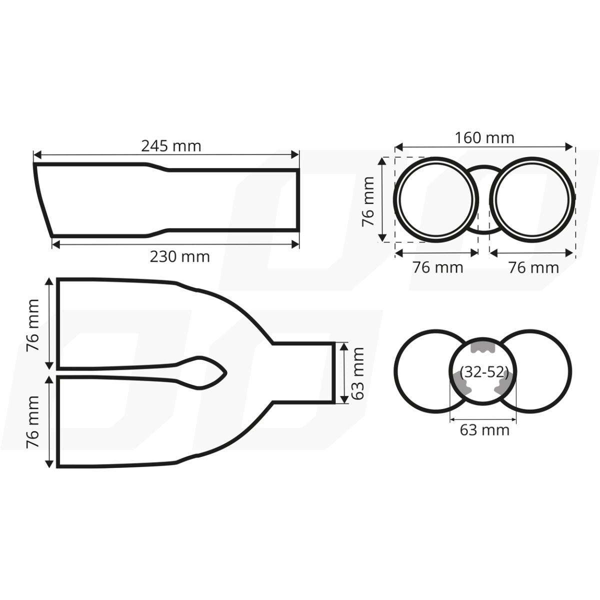 Izpūtēja uzgalis, nerūsējošā tērauda, dubults, hromēts AMiO-04062
