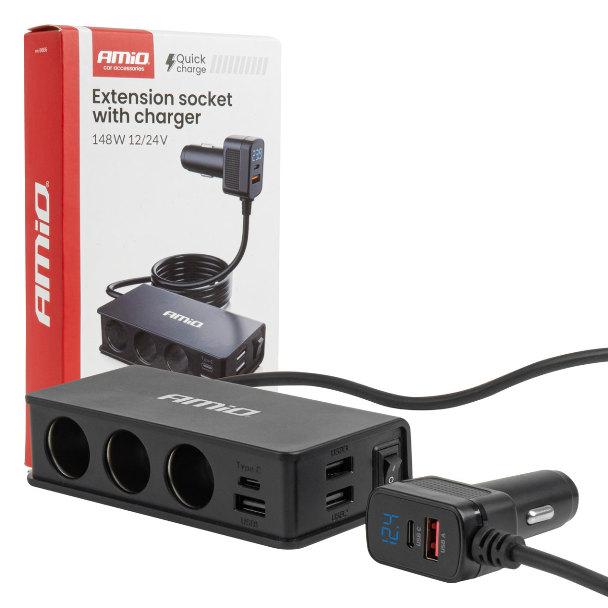 Kontaktligzdas sadalītājs 12/24V ar 3x USB-A, USB-C, QC3.0, PD3.0 148W AMIO-04836