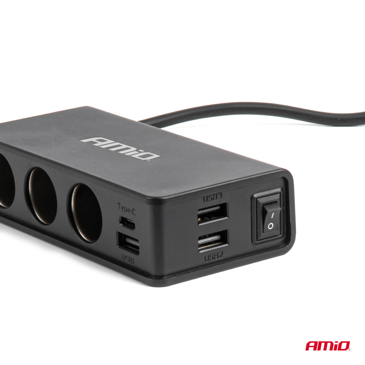 Kontaktligzdas sadalītājs 12/24V ar 3x USB-A, USB-C, QC3.0, PD3.0 148W AMIO-04836